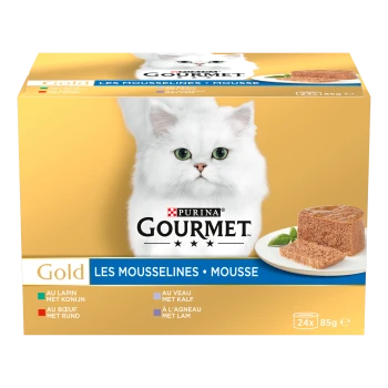 Doos Purina Gourmet Gold 'Les Mousselines • Mousse' kattenvoer met afbeelding van een witte langharige kat en een bordje mousse, 24x85 g.