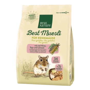 Emballage de Real Nature Best Muesli pour gerbilles, présentant un gerbille en dessin animé, du maïs, et un texte en allemand et en français sur les ingrédients.