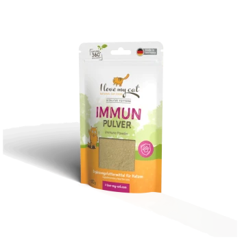 Verpackung von "Ich liebe mein Katzen" Immunschutzpulver für Katzen, mit einer verspielten Katzen-Grafik, mit Text in Deutsch und Englisch.