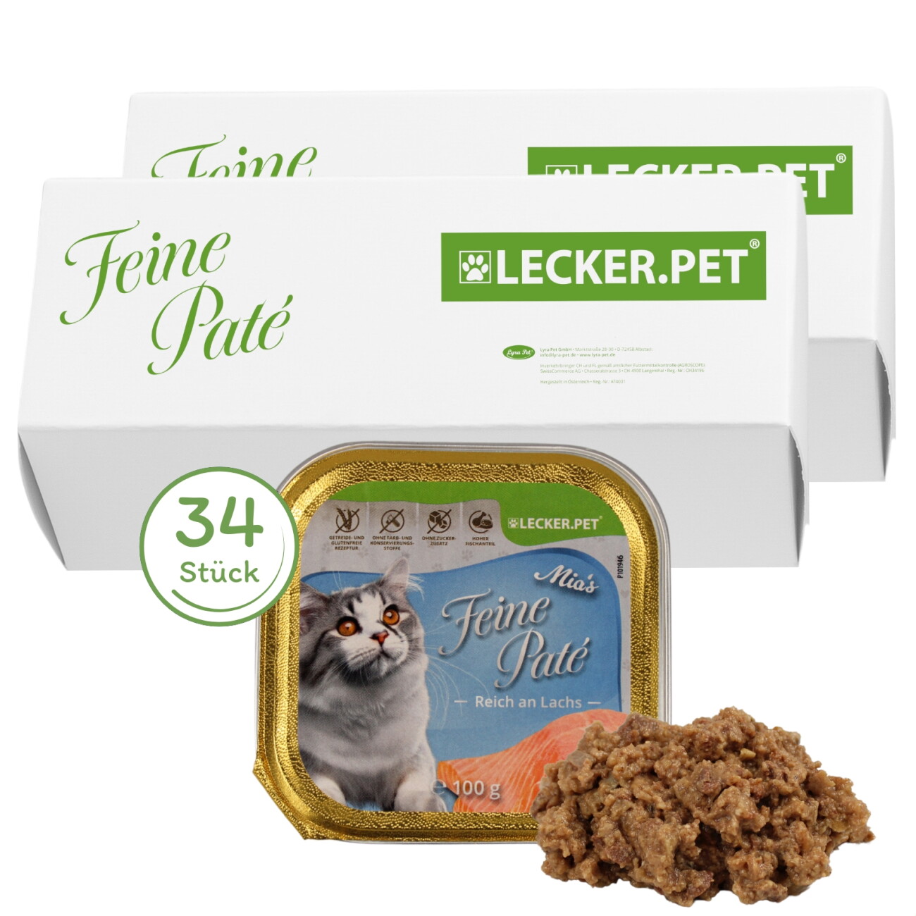 Lyra Pet Lecker.Pet Mia's Feine Paté Reich an Lachs Katzenfutter Nassfutter Vollnahrung 34x100 g