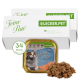 Verpackung für Katzenfutter mit "Mia's Feine Paté" mit Lachs, enthält eine 100g Schale und gibt an, dass 34 Stück im Set enthalten sind.