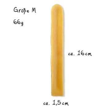 Mittlerer gelber Hundekauknochen, 66 g, ca. 16 cm lang und 1,5 cm breit, auf weißem Hintergrund mit Maßangaben.