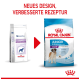 Zwei Hundefutterbeutel mit der Aufschrift 'Pädiatrisch Junior Riesenhund' und 'Royal Canin Junior Riesenhund 8-18/24 Monate', mit einem roten Pfeil für das neue Design.