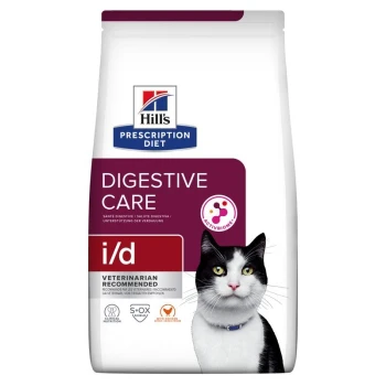 Hill's Prescription Diet Digestive Care i/d kattenvoer zak, met een paarse ontwerp, "Veterinarian Recommended" label, en ActivBiome symbool.