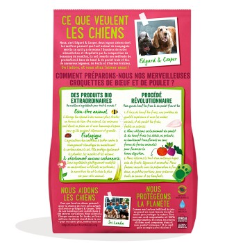 Sac rose de nourriture pour animaux intitulé « CE QUE VEULENT LES CHIENS » avec photo de deux chiens étiquetée « Edgard & Cooper » et panneaux d'information verts.