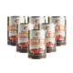 Sechs Dosen Wildfang Lamm Pur B.A.R.F. Qualität Premium-Hundefutter mit Lamm- und Tomatenbildern auf dem Etikett.