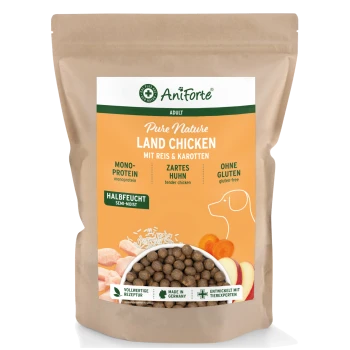 2 kg Sack AniForte PureNature LandChicken Hundefutter mit Hundillustration, Karotten, Reis und Huhn. Text: "Zartes Huhn mit Reis & Karotten."