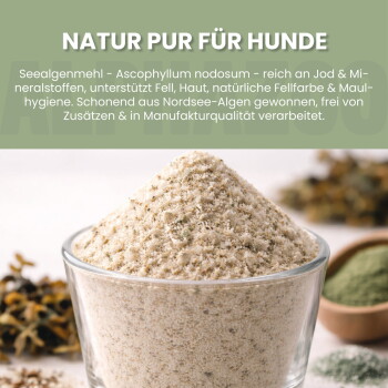 Produktbewertung für Haustiere mit einem Hund. Hebt die Vorteile von Algenmehl für das Fell hervor. Bewertet mit 4,8/5 aus 7.191 Bewertungen von Eveline R.