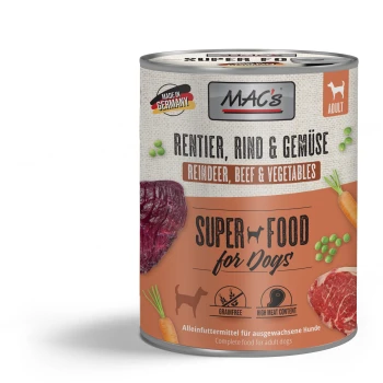 Dosenfutter für Hunde mit der Aufschrift "MAC's Super Food for Dogs", das Rentier, Rindfleisch und Gemüse enthält, mit einem Anspruch auf getreidefrei und hohen Fleischgehalt.
