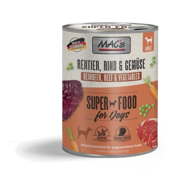 Dosenfutter für Hunde mit der Aufschrift "MAC's Super Food for Dogs", das Rentier, Rindfleisch und Gemüse enthält, mit einem Anspruch auf getreidefrei und hohen Fleischgehalt.
