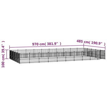 Schwarzes Haustierspielgehege mit beschrifteten Abmessungen: 970 cm (381,9") Breite, 485 cm (190,9") Länge und 100 cm (39,4") Höhe.