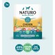 Naturo natural dog food packaging featuring chicken with potato and vegetables, stating 65% chicken, grain-free, and 0% nasties.