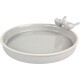 A light gray ceramic pet water bowl with a smooth surface and a decorative feature of two small bird figurines perched on the rim.