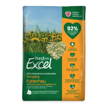 Beutel Burgess Excel Timothy-Heu 1 kg – Freilandfoto, herzförmiges Sichtfenster mit Heu, grün-orange Verpackung mit ‚92 %‘
