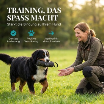 Ein verspielter weißer Hund steht auf Gras neben einer schwarzen Haustierzubehörtasche, mit dem Text darunter, der besagt "FÜR ALLE RASSEN GEEIGNET DURCH IDEALE GRÖSSE."