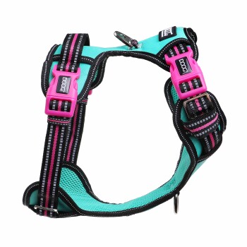 Ein farbenfrohes Hundegeschirr mit einem türkisfarbenen Grund und schwarzen sowie rosa Riemen, verstellbaren Clips und einem metallenen D-Ring zur Leinenbefestigung.
