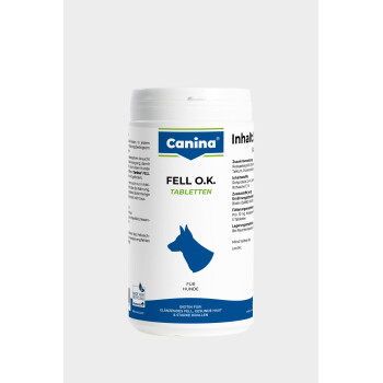 Weißes Canina-Glas mit der Aufschrift „FELL O.K. TABLETTEN“ für Hunde, blaue Hundesilhouette und Text „FÜR HUNDE“.