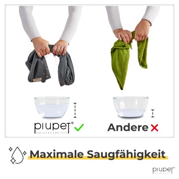 Bild, das ein hochabsorbierendes graues Puppentuch und ein weniger effektives grünes Tuch vergleicht, beschriftet mit "Maximale Saugfähigkeit."