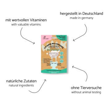 Vitamin-Milchshake für Katzen, mit natürlichen Zutaten und wertvollen Vitaminen, hergestellt in Deutschland, tierversuchsfrei, mit einem verspielten Katzendesign.