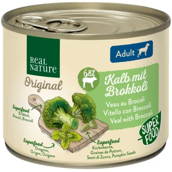 Blik hondenvoer "Real Nature Original" met "Kalb mit Brokkoli" (Kalf met Broccoli), 68% vlees, met broccoli en pompoenpitten.