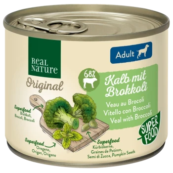 Dosen-Hundefutter "Real Nature Original" mit "Kalb mit Brokkoli" (Kalb mit Brokkoli), 68% Fleisch, mit Brokkoli und Kürbiskernen.