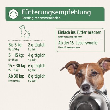 Hund hält eine Metallschale neben einem Schild mit der Aufschrift ‚Fütterungsempfehlung / Feeding recommendation‘ mit Mengenangaben 2 g, 4 g, 6 g, 8 g täglich.