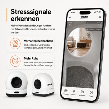 Weiße geschlossene Katzentoiletten und Smartphone mit Kamerablick; deutsche Überschrift 'Stresssignale erkennen'.