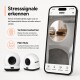 Weiße geschlossene Katzentoiletten und Smartphone mit Kamerablick; deutsche Überschrift 'Stresssignale erkennen'.