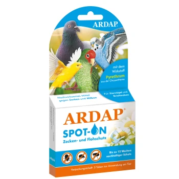 ARPAD Spot-On Verpackung für die Vogel-Schädlingsbekämpfung, die bunte Vogelillustrationen und Text zur Wirksamkeit gegen Zecken und Milben zeigt.