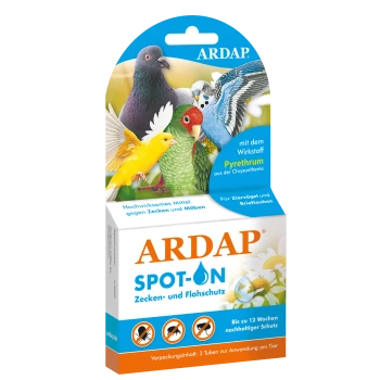 ARPAD Spot-On Verpackung für die Vogel-Schädlingsbekämpfung, die bunte Vogelillustrationen und Text zur Wirksamkeit gegen Zecken und Milben zeigt.