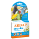 ARPAD Spot-On Verpackung für die Vogel-Schädlingsbekämpfung, die bunte Vogelillustrationen und Text zur Wirksamkeit gegen Zecken und Milben zeigt.