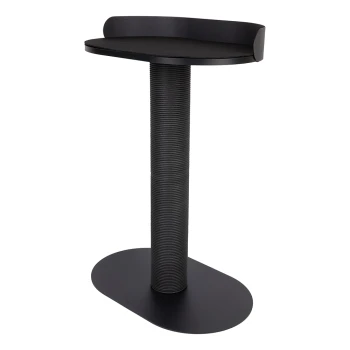 Schwarzer Kratzbaum für Katzen mit einer gebogenen Oberseite und einer strukturierten vertikalen Säule, entworfen für das Spielen und Kratzen von Haustieren.