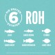 Helle blaue Hintergrund mit weißem Text "DIE ERSTEN 6 ZUTATEN ROH" und Silhouetten von Lachs, Hering, Hecht, Barsch, Flunder und Scholle.