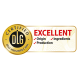 Goldzertifizierungsabzeichen mit "DLG"-Logo, mit dem Wort "EXCELLENT" und Häkchen für "Herkunft", "Zutaten" und "Produktion."