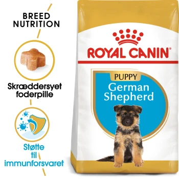 Royal Canin Welpenfutter für Deutsche Schäferhunde, mit einem Bild eines Welpen, und Text, der die Rassenernährung und Immununterstützung hervorhebt.