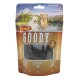 Ein "GOODY" Tierleckerlipaket mit Ziegenfleisch, beschriftet mit "Frisches Fleisch", "Getreidefrei" und "Halbfeucht", vor einer Berglandschaft.