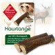 Natürlicher Hundekauartikel aus 100% Hirschgeweih, beschriftet mit "Kaustange Größe L," mit einem Hund und einem Hirsch im Hintergrund.