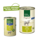 Zwei Dosen Hundefutter: grüne "Real Nature Adult" mit Schaf, beige "Real Nature Original Adult" mit Lamm, plus eine Sprechblase: "Neues Design – gleiche Qualität!"