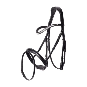 Schwarzes Leder-Haustiergeschirr mit einer dekorativen Reihe von Strasssteinen entlang des oberen Riemens, mit verstellbaren Schnallen und Riemen.