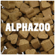 Braune Haustierleckerlis in Herz- und quadratischer Form, mit dem Text 'ALPHAZOO', der prominent in Weiß angezeigt wird.