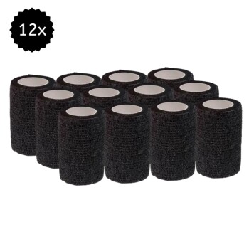 Ein Set aus 12 schwarzen selbstklebenden Verbandrollen, die in einem Gittermuster angeordnet sind und ein weißes Zentrum aufweisen.
