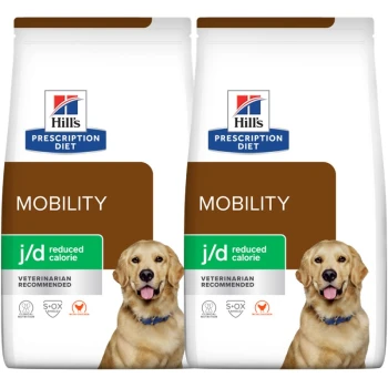 Hill's Prescription Diet Mobility Hundefutterbeutel, mit einem Golden Retriever, beschriftet mit "j/d reduzierte Kalorien" und "Vom Tierarzt empfohlen."