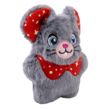 Gray plush mouse toy with blue eyes, pink nose, red polka-dot ears and collar, smiling face.