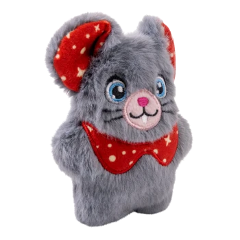 Gray plush mouse toy with blue eyes, pink nose, red polka-dot ears and collar, smiling face.