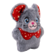 Gray plush mouse toy with blue eyes, pink nose, red polka-dot ears and collar, smiling face.