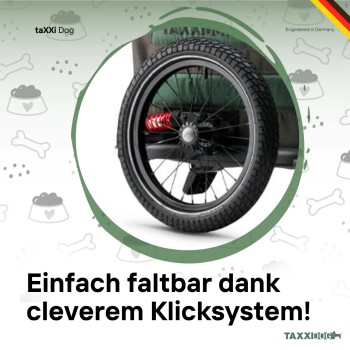 Nahaufnahme eines schwarzen Rads mit roter Feder an einem grünen Haustier-Kinderwagen, Text "Einfach faltbar dank cleverem Klicksystem!" und "Engineered in Germany".