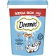 Ein blau-roter "Dreamies Mega Box" Behälter mit 350 g Katzenleckerlis, mit verspielten Katzen- und Fischgrafiken, auf Deutsch und Französisch.
