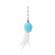 Hanging cat toy: light blue pom-pom with white feathers and small silver bell on clip, clear string
