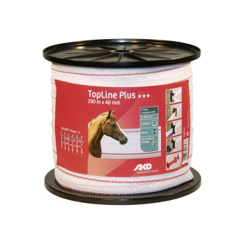 Eine Spule von TopLine Plus Pferdefencingband, 200 m x 40 mm, mit einem Pferdegrafik und Produktdetails auf dem Etikett.