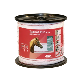 Eine Spule von TopLine Plus Pferdefencingband, 200 m x 40 mm, mit einem Pferdegrafik und Produktdetails auf dem Etikett.